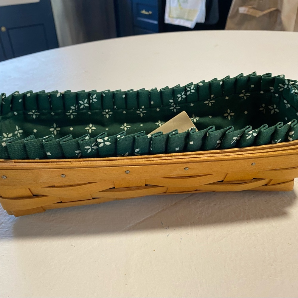 NWT LONGABERGER Green and Brown Bread Basket with Patterned Liner and Handles - Picture 2 of 10